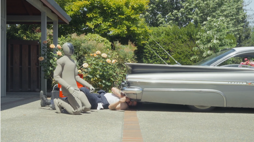 Neo, the humanoid robot repairing car