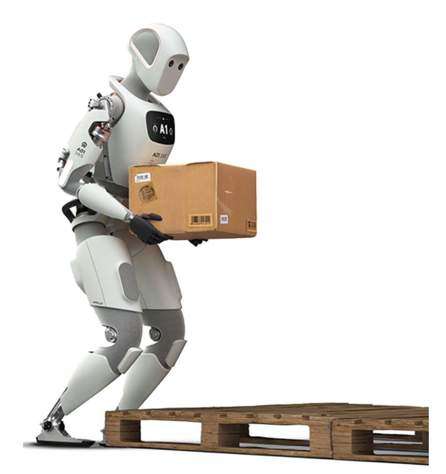 Picture of a humanoid Apptronik robot lifting a cardboard box off a wooden palette.