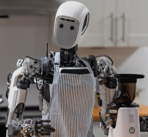 Picture of a humanoid Apptronik robot wearing an apron working in the kitchen.