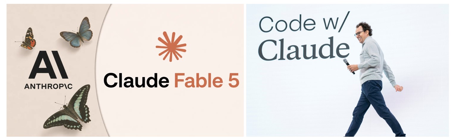 Dario Amodei, CEO and co-founder of Anthropic, is man with glasses and curly hair wearing a gray sweater and blue trousers walking across the stage, holding a microphone – the background reads Code w/Claude; a split screen that says Claude Fable 5 in the background. 