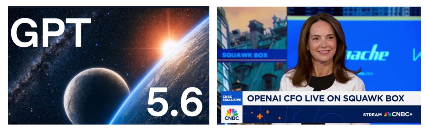 A graphic depicting space where the Earth is large in the right hand corner with the moon rising in the center, and the sun rising in the upper right. The Milky Way galaxy is depicted in the upper left corner. The text overlay says GPT in the upper left corner and 5.6 in the lower right corner. GPT 5.6 release on the left; and A TV still of Sarah Friar, Chief Financial Officer (CFO) of OpenAI – a woman with long dark hair wearing a white sweater over a black blouse, smiling while she's presumably being interviewed. The ticker along the bottom of the screen says CNBC Exclusive: OpenAI CFO live on Squawk Box, Stream on CNBC+ on the right.