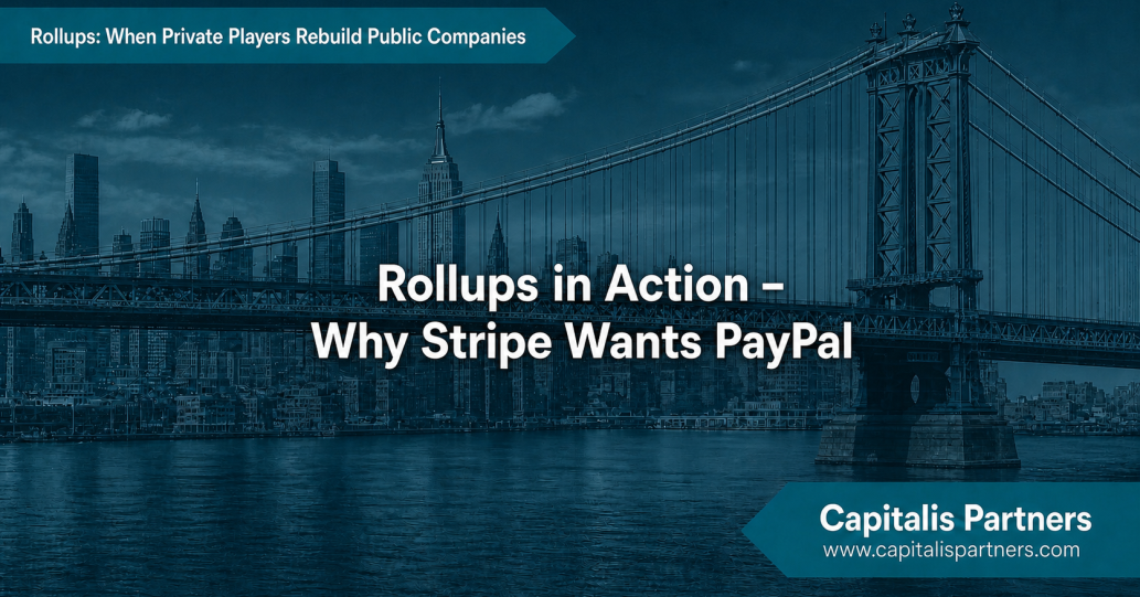 Blue-green stylized duotone graphic of the Manhattan Bridge with the New York skyline featuring the Empire State building in the background. The text overlay reads, "Rollups in action - why Stripe wants Paypal." It indicates that the series is, "Rollups: When Private Players Rebuild Public Companies" by Capitalis Partners.